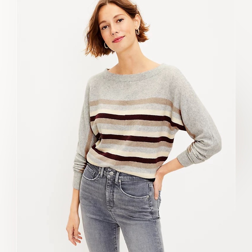 LOFT Striped Dolman Sweater | Tan, Brown and Grey Striped Sweater
